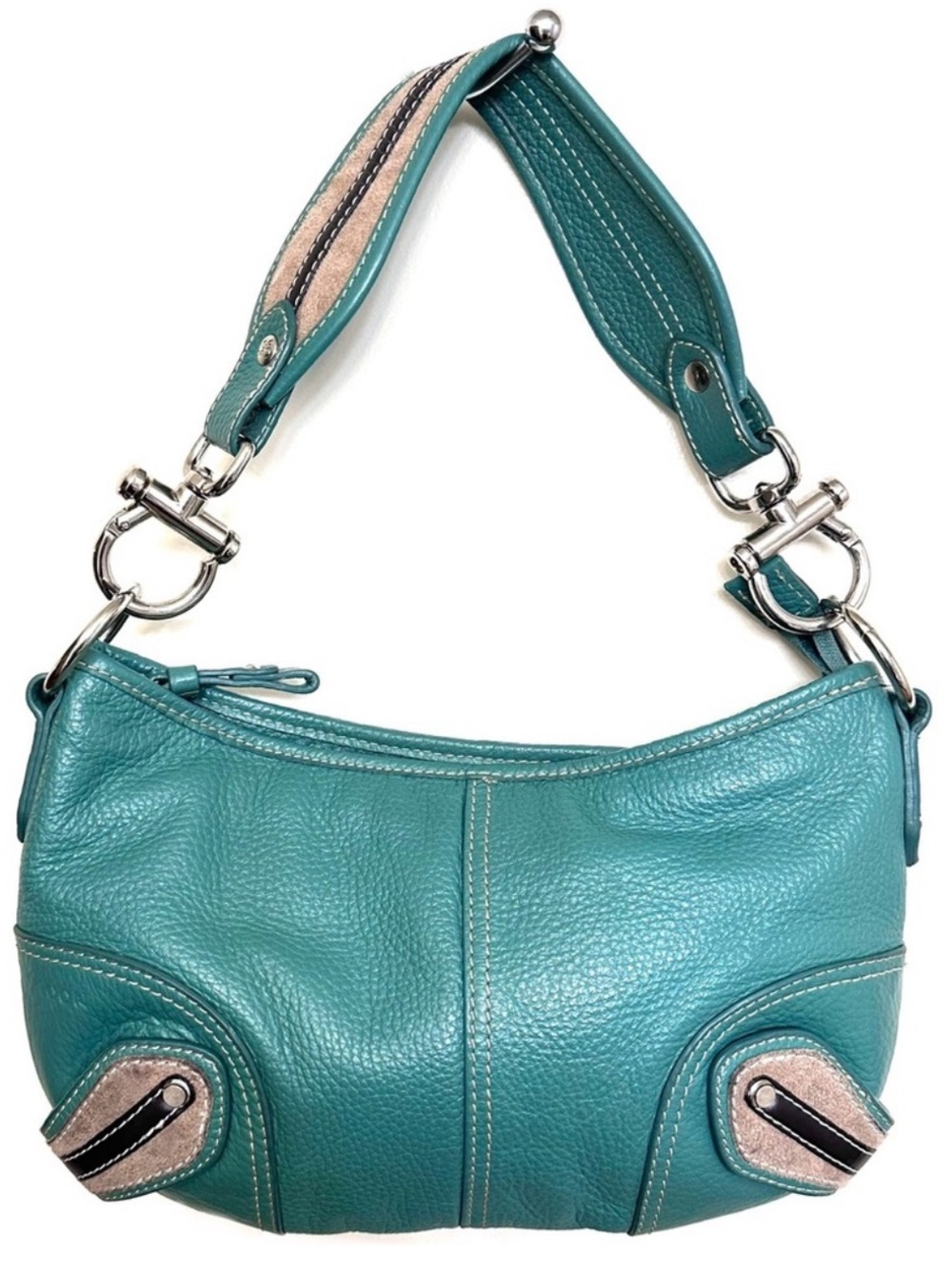 Teal Leather Shoulder Bag with Contrast Strap and Silver Hardware